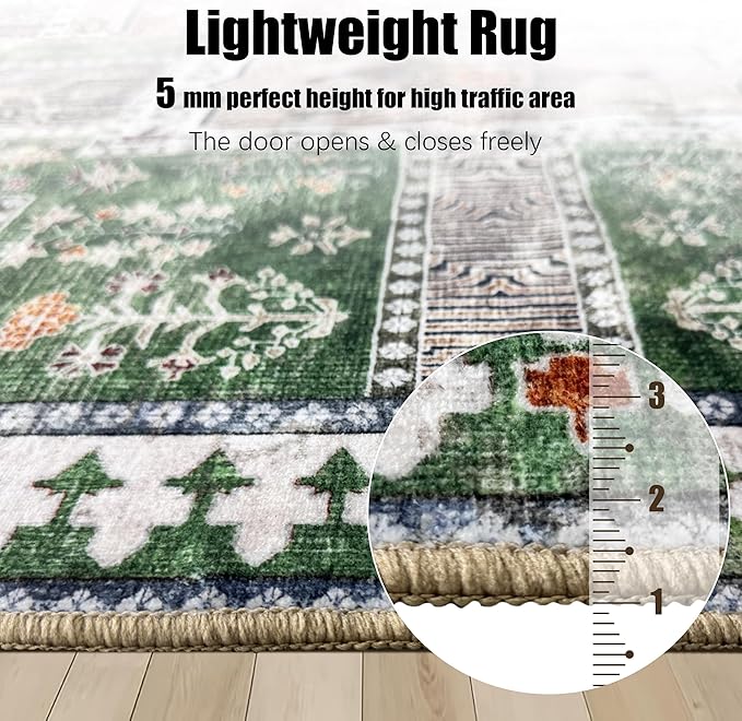 Vintage 2'6'' x 8' Washable Area Rug - Stylish Indoor Rug for Living, Dining or Bedroom - Lightweight Carpet with Non-Slip Backing - Foldable for Easy Placement and Maintenance - Green