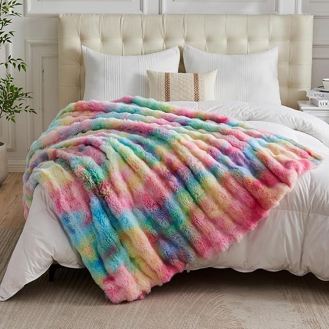 Lotus Karen Faux Fur Blanket Rainbow Twin Size - Big Bubble Rabbit Fluff Blanket for Couch, Small Fluffy Fuzzy Cozy Blanket, Thick Furry Plush Shaggy Blankets, 60x80 Inches