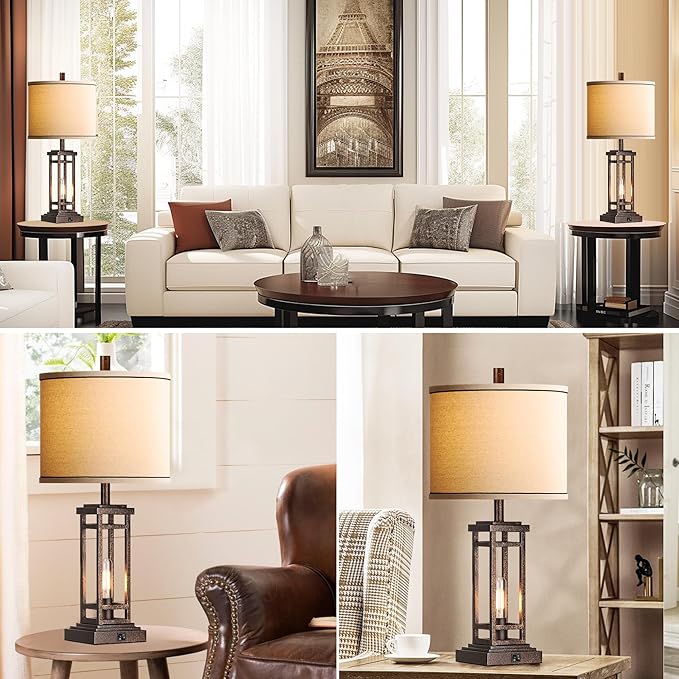 27.5 Tall Farmhouse Table Lamps with USB C + USB A Charge Ports, Rustic Living Room Lamps Set of 2, Black Industrial End Table Lamp for Bedroom Living Room Nightstand (Bronze)