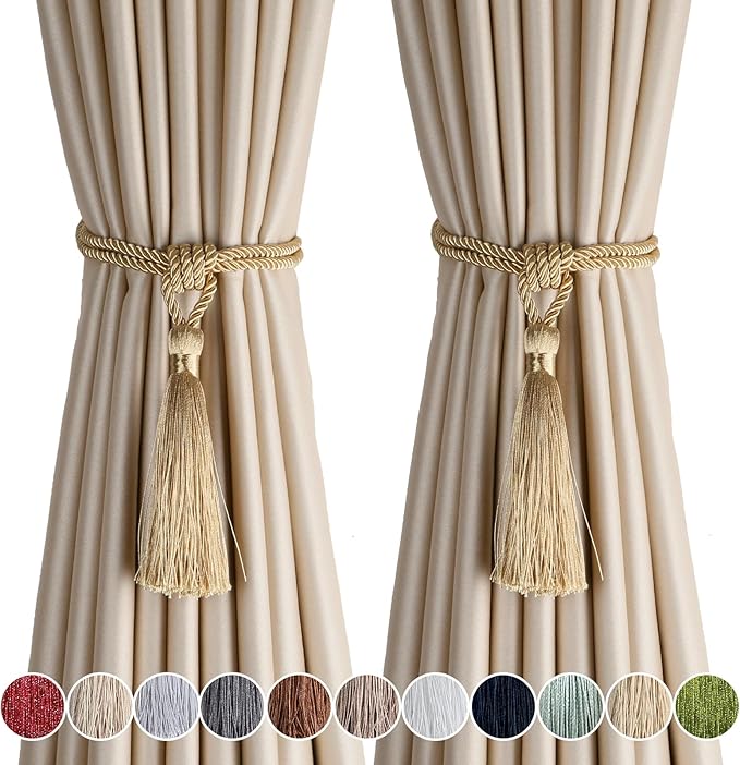 Fenghuangwu Curtain Tiebacks Tassel Tie-Backs, Rope Curtain tie Backs Handmade Curtain Holdbacks Made from Polyester (Gold, 2p)