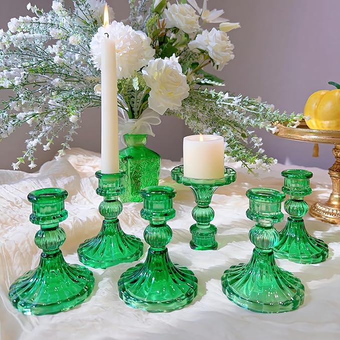 Glass Candlestick Holder,Striped Taper Candle Holders,Set of 6 Candle Stand for Table Centerpieces, Home Decor,Weddings,Festival and Parties (Green Stripe Pattern)