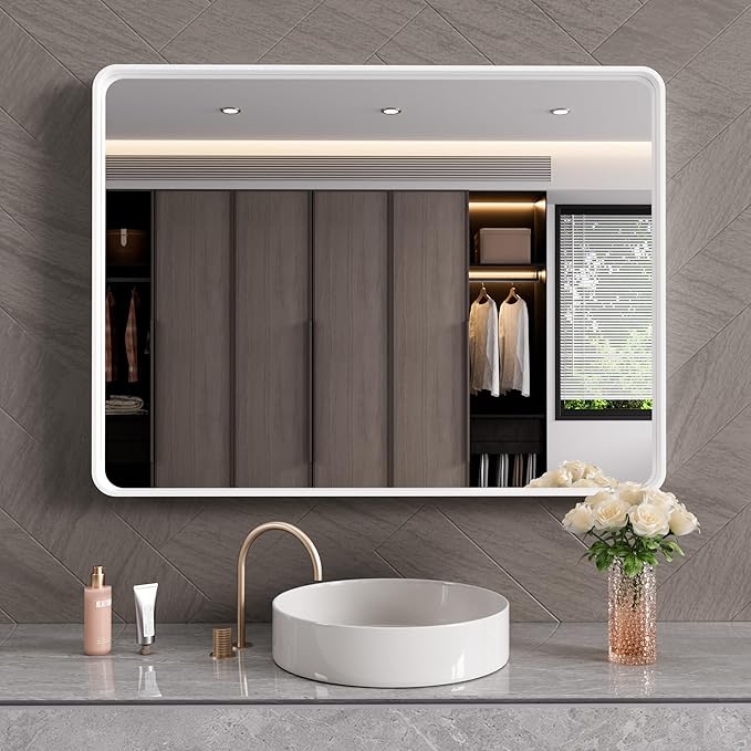 White Bathroom Mirror 40x32 Inch, White Metal Framed Bathroom Mirror for Wall, Rounded Rectangle Matte Bathroom Vanity Mirror, Tempered Glass, Anti-Rust, Horizontal/Vertical