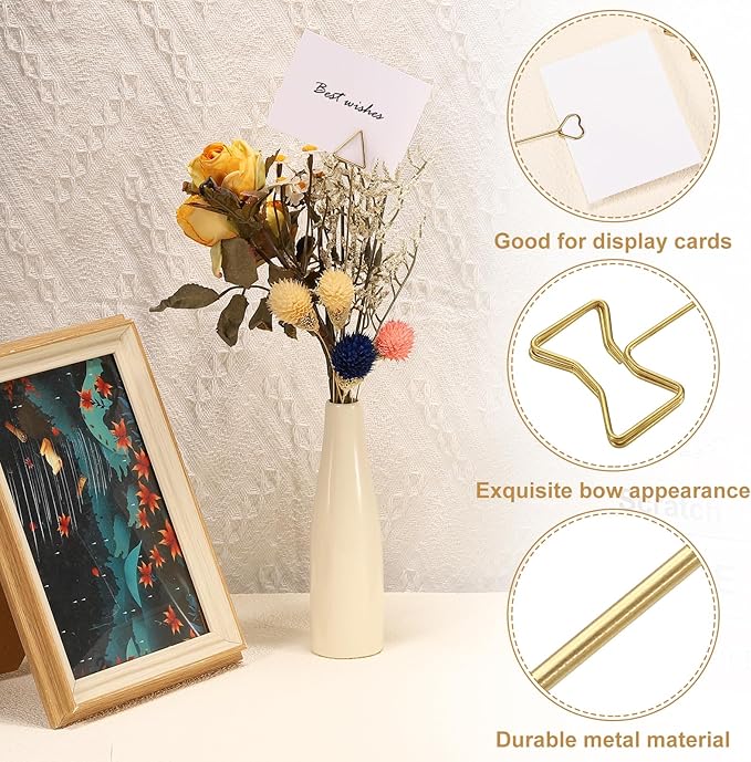 uxcell 30 Pcs Table Card Holders, 5.9 Bow Metal Craft Wire Clips Picture Clip Table Number Holders Picks for Wedding, Photos, Memo, Restaurant, Gold