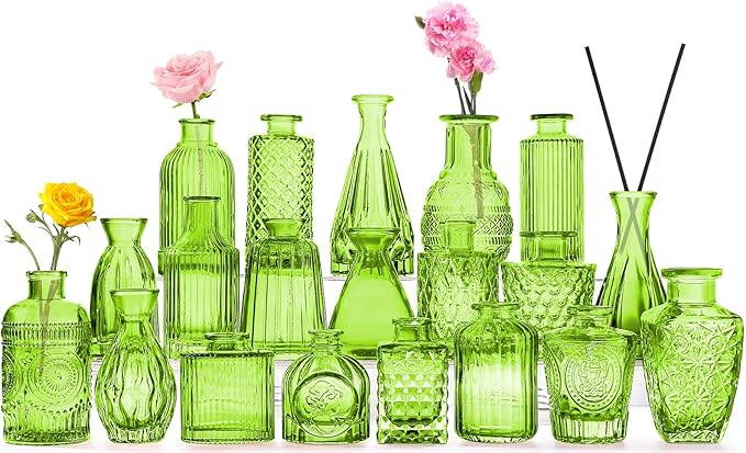 Green Glass Bud Vase Set,20Pcs Small Glass Vase for Flowers, Clear Bud Set in Bulk,Mini Single Vintage Style for Centerpiece for Rustic Wedding Decorations Home Table Flower Décor