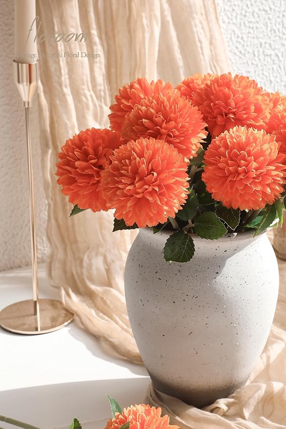 Floroom 12pcs Burnt Orange Faux Silk Mums Artificial Flowers Bulk Fake Chrysanthemums with Stems for DIY Wedding Table Centerpieces Floral Arrangements Vase Fillers Home Decorations