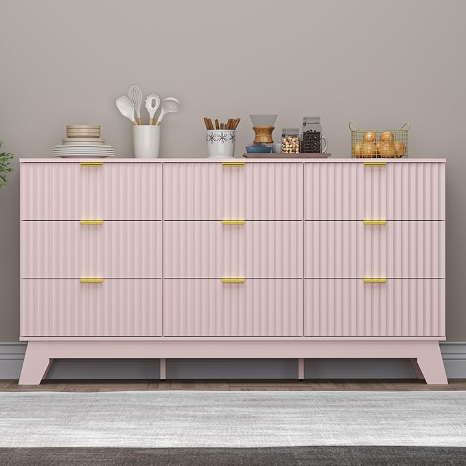 Fluted 9 Drawer Dresser, 57.1" Wide Modern Boho Chest of Drawers, Wooden Storage Dresser TV Stand for Bedroom, Living Room, Closet, Hallway, Curved Profile Design