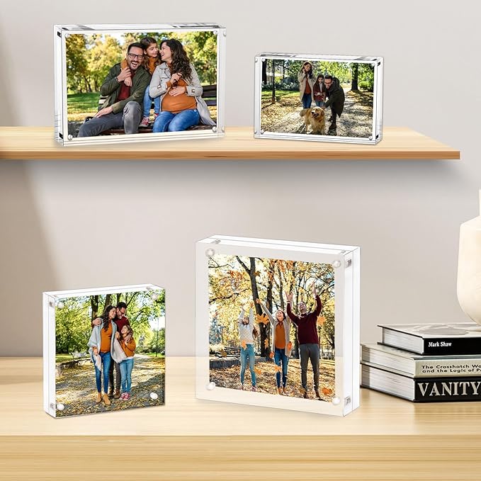 7x7 Acrylic Picture Frame 5 Pack,Clear Double Sided Frameless Photo Frame with Magnetic, Free Standing Desktop Acrylic Frame Display, Lucite Frame with Gift Box Package