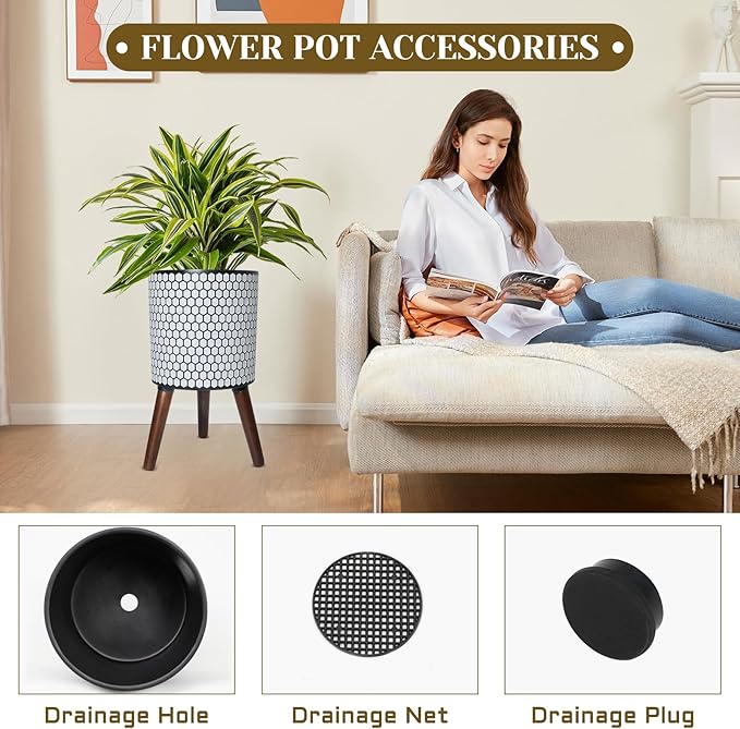 Flower Pot with Legs Tall Flower Pot with Drainage Holes for Indoor and Outdoor Decorative Planting (White Black Honeycomb, 10 Inches)