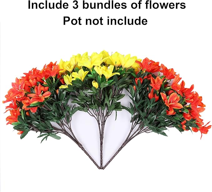 Artificial Fake Fall Flowers for Outdoors 3 Bundles Silk Azalea Flower Faux Plants UV Resistant Realistic Flowers for Outside Planter Porch Patio Yard Garden Walkways Home Decor (Orange+Yellow)