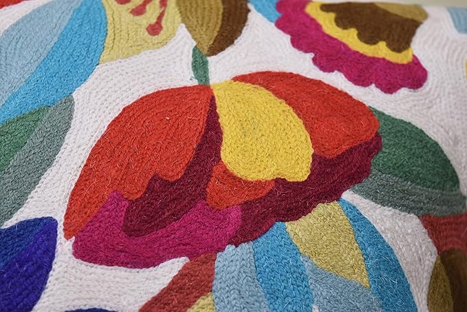 Cream Floral Pillow Cover Blue Flower Pillowcase Boho Cushion Florals Accent Throw Pillowsham Wool Hand Embroidered Size 18x18