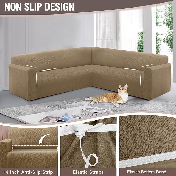 HDCAXKJ Sectional Couch Cover L Shape Stretch Sofa Covers Washable Jacquard Corner Couch Slipcover Non Slip Sectional Slip Cover U Shaped Furniture Protector for Pets Dogs (Brown Khaki, Medium)