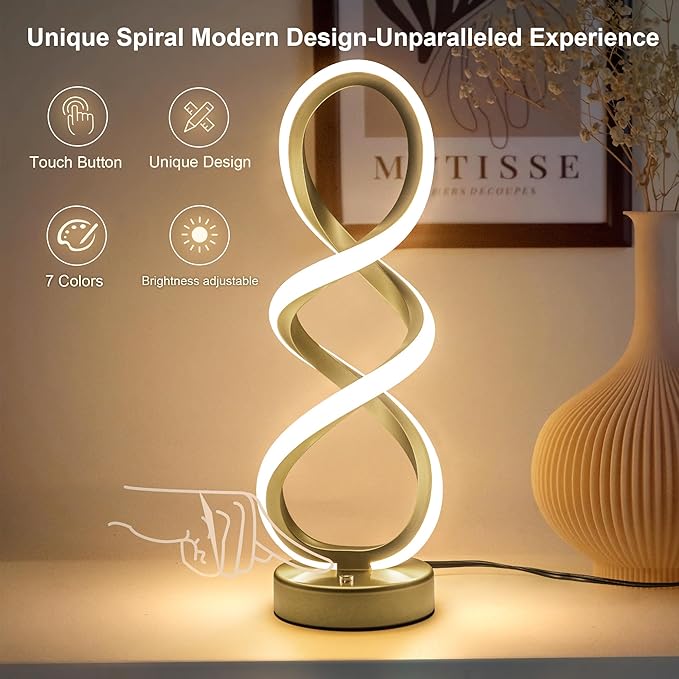 Modern Table Lamp, 7 Colors 10 Light Modes Spiral Design Table Lamp, Touch Dimmable Nightstand Lamp, Unique Bedside Lamp for Living Room, Bedroom, Cool Lamps, Gold, 2 Pack