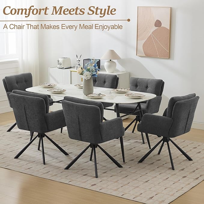 Fabric Dining Chair Modern Upholstered Swivel Dining Room Chairs Comfy Accent Armchair with Mid Back, Desk Arm Chair No Wheels for Kitchen/Living Room/Dining Room, Grey