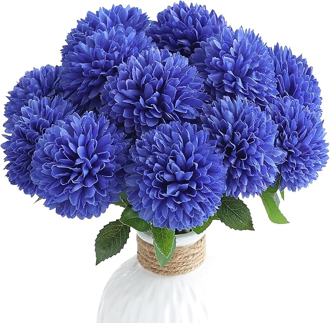 Floroom 12pcs Royal Blue Faux Silk Mums Artificial Flowers Bulk Fake Chrysanthemums with Stems for DIY Wedding Table Centerpieces Floral Arrangements Vase Fillers Home Decorations