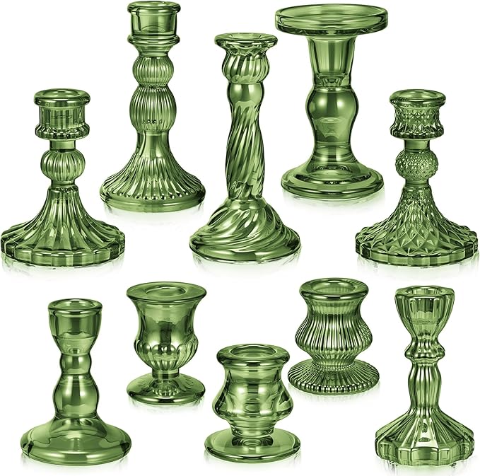 Mumufy 10 Pcs Glass Crystal Taper Candle Holders Clear Glass Candlestick Holder Fit 0.8 Inch Candles Crystal Decorative Candle Stand Centerpiece Table Wedding Dining Party (Classic,Green)
