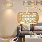 Arc Floor Lamp for Living Room,Farmhouse Floor Lamps with Remote Control & Dimmable Bulb,Gold Boho Rattan Tall Standing Lamp for Bedroom Office