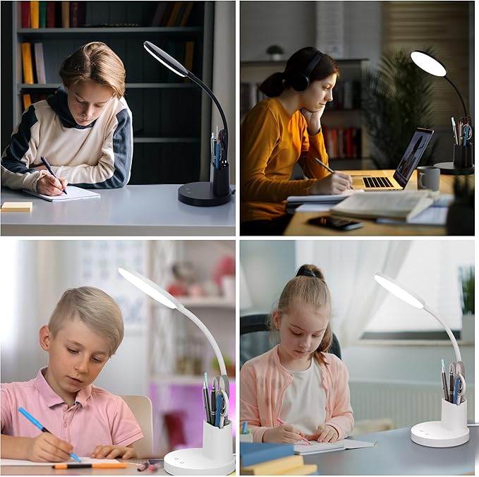 Desk Lamp, LED Desk Lamp for Home Office, Touch Table Lamp with 3 Color Modes 360° Adjustable Arm, Dimmable Desk Light with Pen Phone Holder, Black
