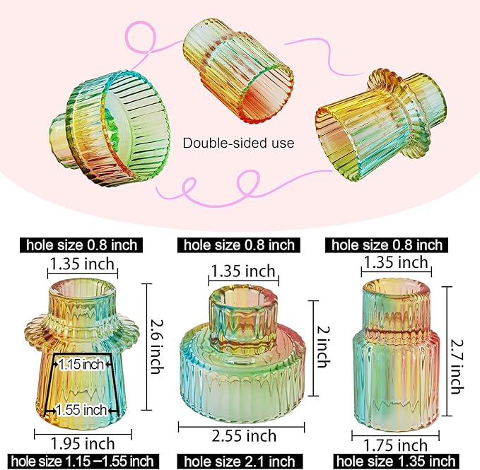 Double Sided Vintage Ribbed Taper Glass Candle Holders,Tea Candle Holder for Table Centerpieces, Wedding Decorations and Dinner Parties (Rainbow, 6 PCS)