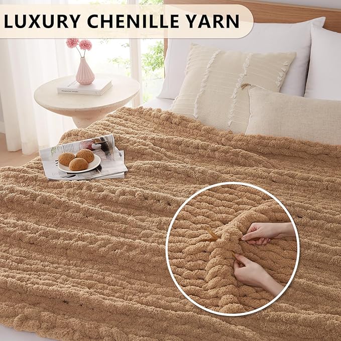 L'AGRATY Chunky Knit Blanket Throw: 72''x84'' Chenille Chunky Knitted Throw Blankets for Bed Couch - Handmade Thick Big Cable Knit Blanket - Large Crochet Rope Blankets for Home Decor(Tan)