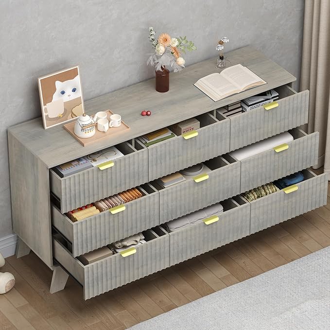 Fluted 9 Drawer Dresser, 57.1" Wide Modern Boho Chest of Drawers, Wooden Storage Dresser TV Stand for Bedroom, Living Room, Closet, Hallway, Curved Profile Design