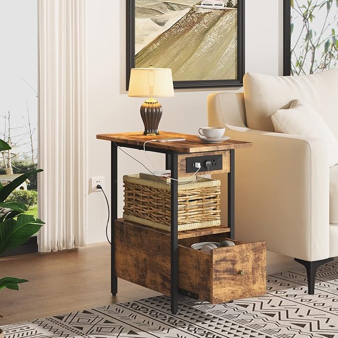 LIDYUK End Table with Charging Station, Narrow Side Table with Drawer and USB Ports & Power Outlets, Nightstand Bedside Tables for Small Spaces, Bedroom, Living Room, Rustic Brown, Set of 2
