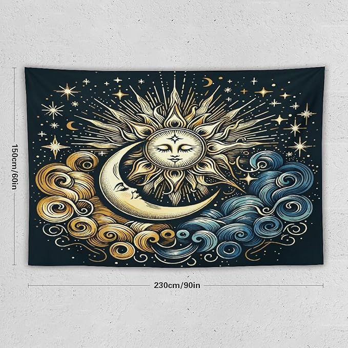 HZOHNAGO Sun Moon Tapestry Boho Golden Stars Pattern Printed Wall Tapestry Wall Hanging for Bedroom Living Room Dorm 90" W x 60" H