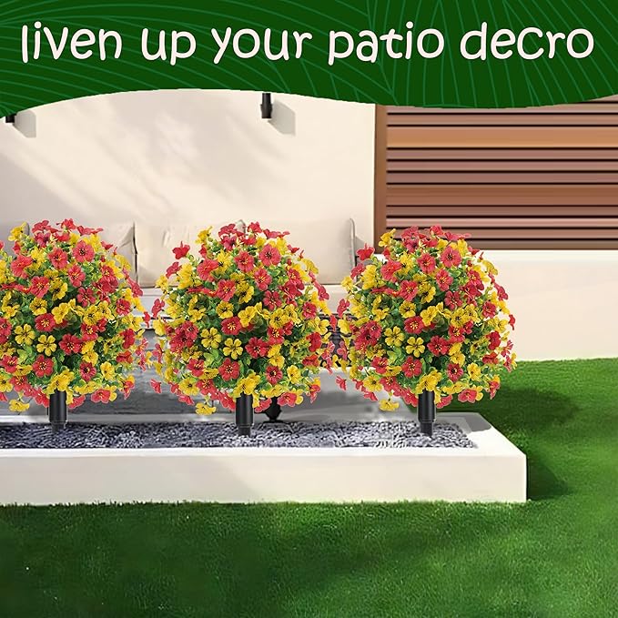 22.8" Set of 2 Fall Artificial Boxwood Topiary Ball with Spikes,UV Resistant Fake Outdoor shrubs with Violet Flowers, Realistic Faux Plants Bushes for Garden Front Porch Yard Patio Decor(Yellow+Red)