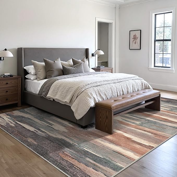 Area Rugs 8x10 Machine Washable Rug for Bedroom Living Room Dining Room, Large Modern Abstract Soft Rugs, Indoor Low Pile Carpet with Non Slip Rubber Backing, Ocher Brown