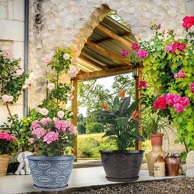 3 Pack Flower Pots Outdoor 11 Inch Plant Pots Indoor, Large-Plastic-Plant-Flower-Planters-Pots with Drainage Hole & Tray, Modern Decorative Garden Pot with Saucer(Brown)