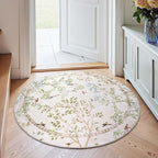 jinchan Round Rugs 4ft Ivory Botanical Birds Print Machine Washable 4' Circle Nature Plants Modern Soft Non Slip Throw Area Rugs Ultra Thin Low Pile Carpet for Entryway Bedroom Kitchen Kids Room