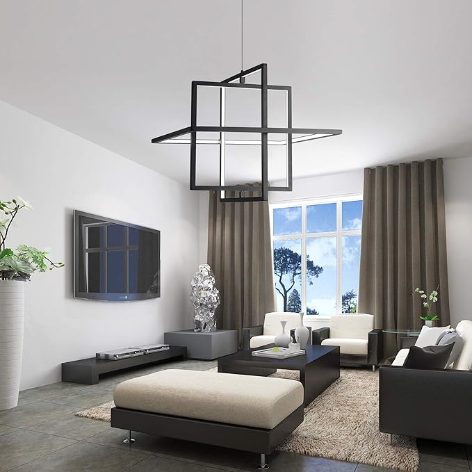 Modern LED Chandelier Led Pendant Light Square Contemporary Chandelier Hanging Light Dimmable for Living Room, Dining Room, Bedroom, Kitchen, Stydy Room 90W 6000K Cool Light (Black)