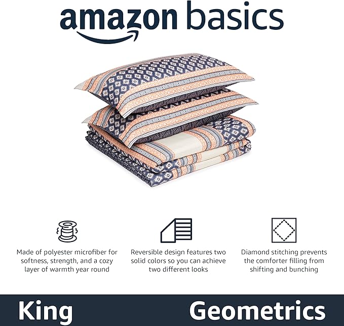 Amazon Basics Lightweight Microfiber Comforter Sets, 3-Pieces, Geometrics, King