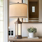 25'' Table Lamp for Living Room Bedroom Farmhouse Metal Lamps with 2 USB Ports, Built-in Frosted Glass Night Light Vintage Industrial Nightstand Bedside End Lamp, 2 Bulbs Included, Bronze