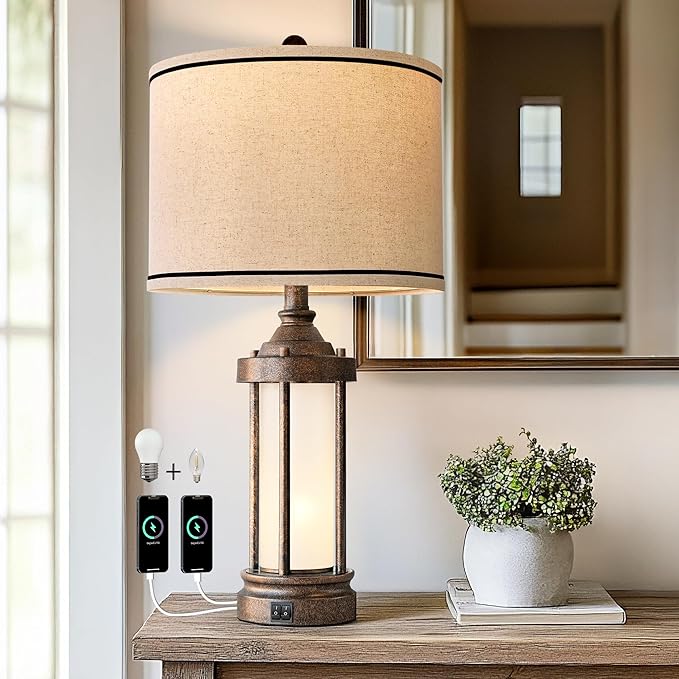 25'' Table Lamp for Living Room Bedroom Farmhouse Metal Lamps with 2 USB Ports, Built-in Frosted Glass Night Light Vintage Industrial Nightstand Bedside End Lamp, 2 Bulbs Included, Bronze
