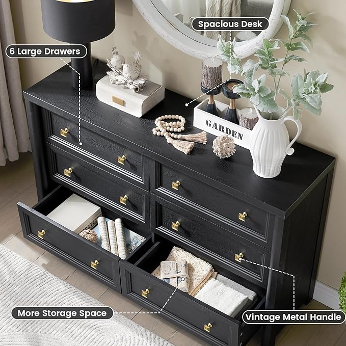 Black Dresser, Farmhouse 6 Drawer Dresser for Bedroom, 52 inch Wide Dressers with Deep Drawers, Vintage Dressers, Solid Wood Chest of Drawers for Bedroom, Nursery