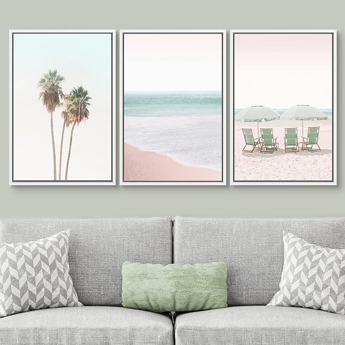 SIGNWIN Framed Canvas Print Wall Art Set Retro Vintage Pastel Tropical Island Beach Nature Wilderness Photography Modern Art Landscape Relax/Calm for Living Room, Bedroom, Office - 16"x24"x3 White