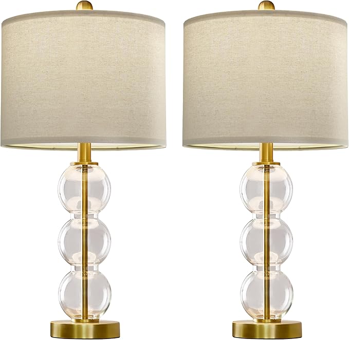 Oneach 24" Glass Table Lamps Set of 2, Gold Modern Table Lamps with USB Ports for Living Room, Linen Shade Bedside Lamps for Bedroom, Nightstand, Side Table (Bulbs not Included)