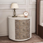 HOMPUS Round End Table with Carved Floral Pattern, Vintage Nightstand w 3 Storage Drawers, Modern 3 Drawer Dresser, Wood Retro Accent End Table for Living Room, Bedroom, Distress White