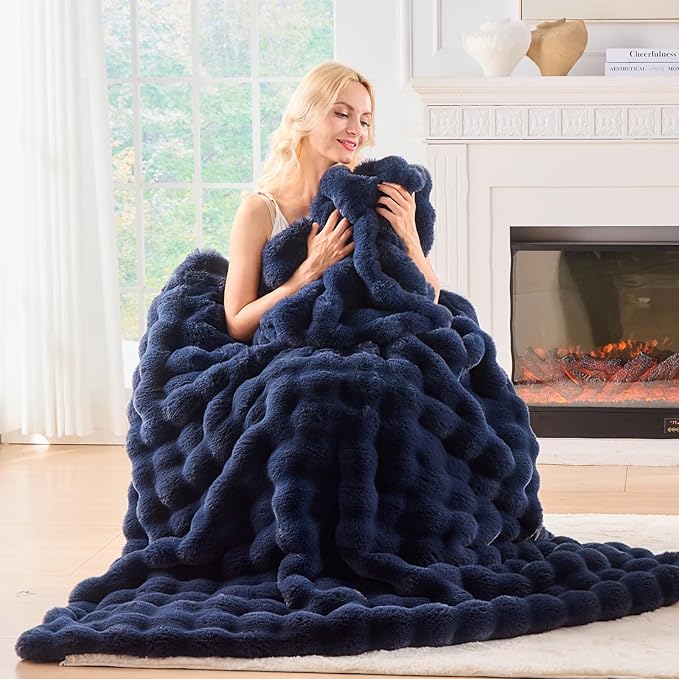 BENVWE Fluffy Faux Fur Throw Blanket for Couch, Soft Plush Thick Cozy Fuzzy Luxury Minky Bubble Blanket for Home Living Room Decor Gift for Women, Navy Blue, 51" x 63", 1100GSM