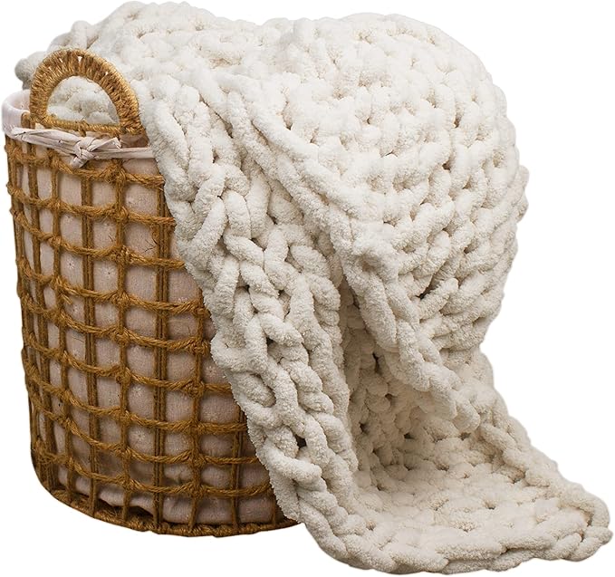 Carriediosa Chunky Knit Throw Blanket 50" X 60", 100% Hand Made Large Chenille Loop Yarn Soft Fluffy Throws for Couch Sofa Bed, Big Crochet Cozy Heavy Thick Cable Woven Blankets, Cream White