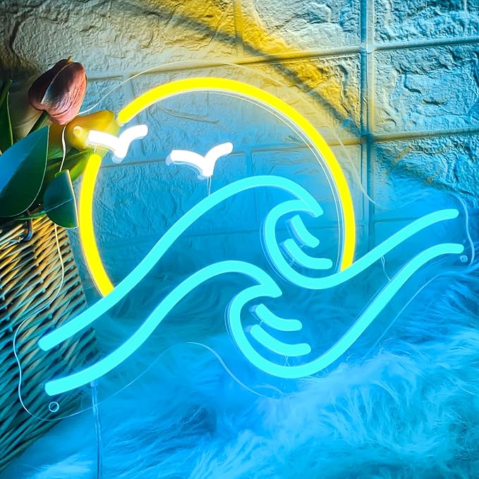Sunrise Sunset Neon Sign Sun & Sea Neon Signs Sea Wave LED Neon Light Sign for Wall Decor Ocean Surf Sign f