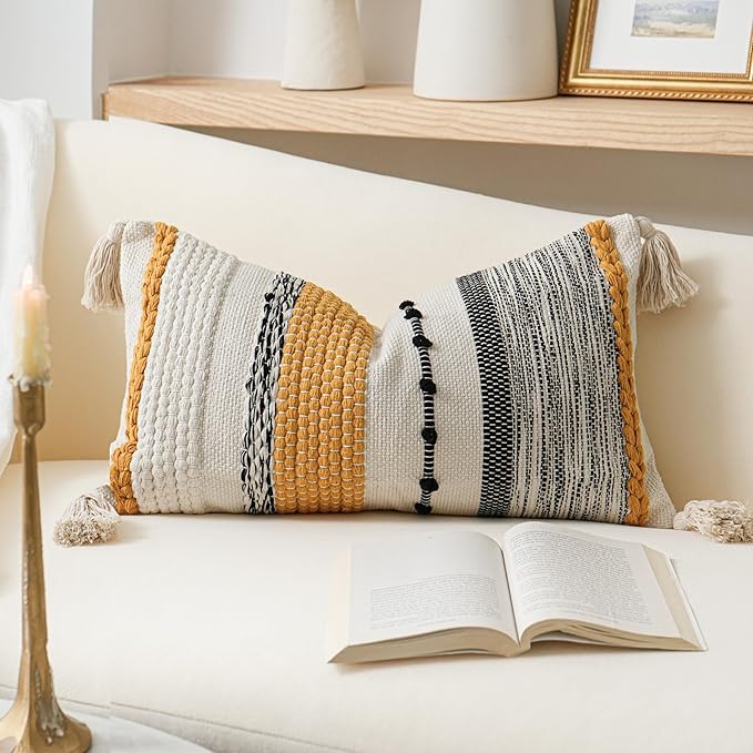 BlissBlush Fall Decorative Lumbar Throw Pillow Cover 14x24 Boho Yellow Mustard Accent Cushion for Couch Sofa Farmhouse Pillowcase for Bedroom Living Room Home Décor Cover ONLY