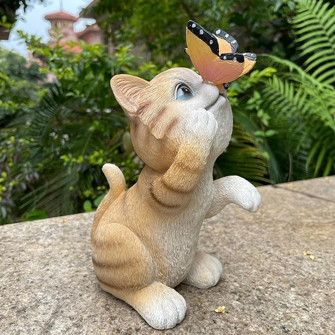 Garden Decor Solar Cat Figurines Cat Lover Gifts with LED Butterfly Lights for Indoor Outdoor Decor for Yard Garden Patio Decor Gifts for Women Grandma Mother's Day Birthday