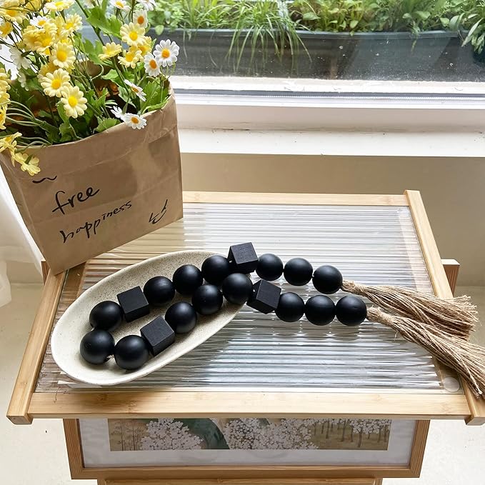 OMISHE Black Extra Large Wood Bead Garland with 1.6" Diameter Wooden Beads and Tassels, 41.5" Long Rustic Farmhouse Country Boho Decorative Beads for Home Decor Tiered Tray Decor