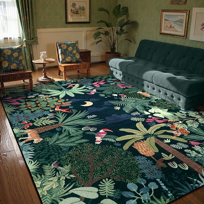 LIVEBOX Washable Jungle Dark Green Rugs 9x12 for Living Room, Stain Resistant Soft Kids Area Rugs for Bedroom, Non-Skid Modern Dining Room Rug Floor Carpet for Playroom Kids Nursery