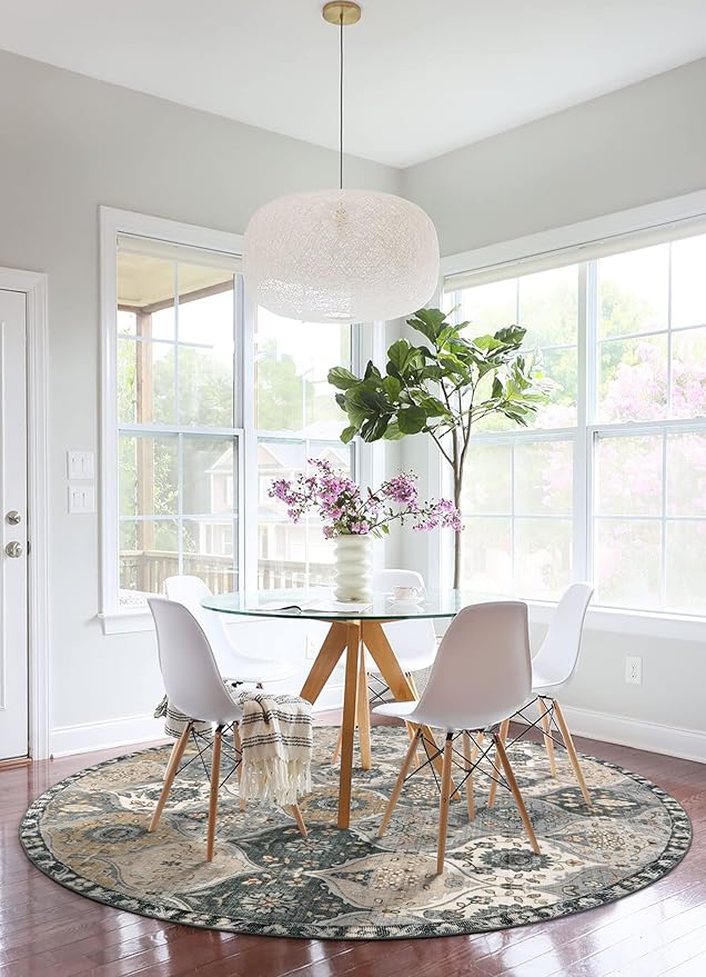 Lahome Moroccan Trellis Washable Circle Rug, Round Rug 5ft Soft Non-Slip, Non-Shedding Distressed Round Carpet for Bedroom Living Room Bathroom Nursery Kitchen, Grey