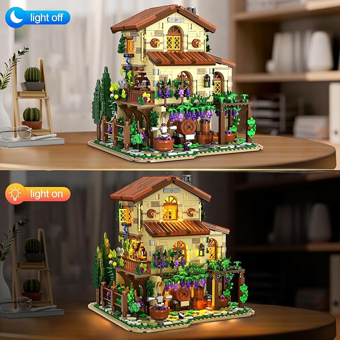 Winery Chateau House Building Set with Lights, Vineyard Castle Construction Model Home Decor, 1826 PCS Vine Estate Autumn Cabin Building Block Kit, Birthday Gift for Adults Teens Boys Girls