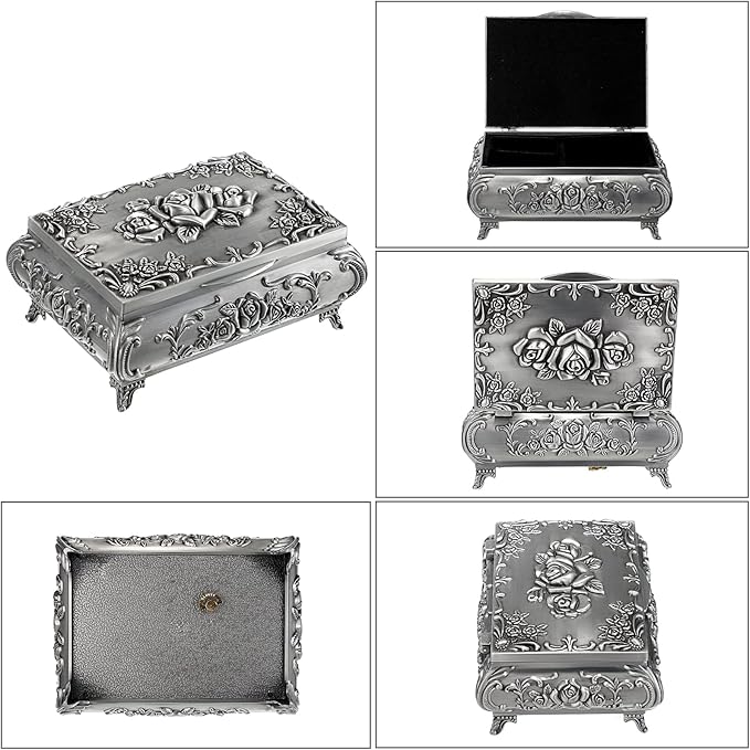 ELLDOO Vintage Music Box, Silver Metal Musical Jewelry Box Keepsake Box, Small Trinket Jewelry Storage Box Gift for Girl Women (Tune: You are My Sunshine)