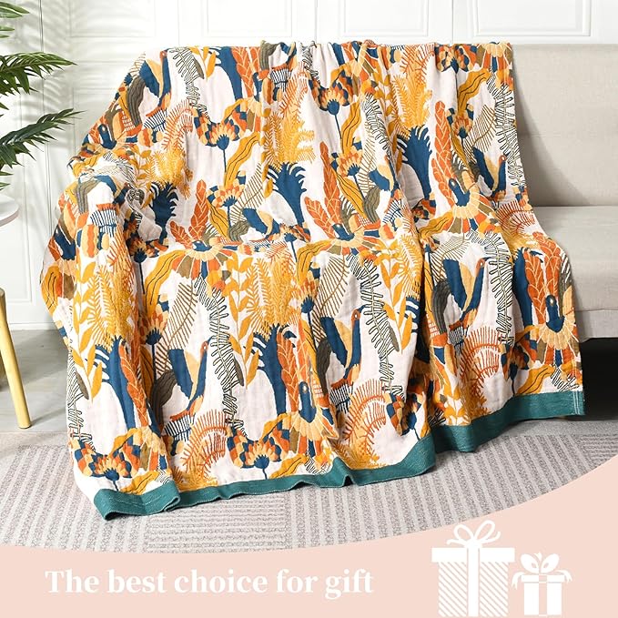 Boho Throw Blanket for Bed - 100% Pure Cotton Ultra Soft Rustic Quilt - Farmhouse Decor Bed Blankets, All Season Rustic Throw for Sofa Couch Chair(80''x 90'', Floral Bird)