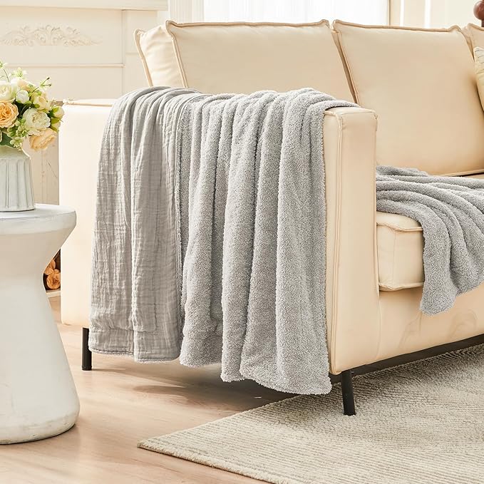 EMME Muslin and Fleece Twin Blanket Reversible - 60"*80" Grey Soft Warm Throw Blankets for Couch Bed Picnic Travel Bed